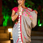 Delicate Grey Saree with Sequin Detailing  & Pink Floral Embroidery & Pink Border with Lace Accent