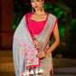 Delicate Grey Saree with Sequin Detailing  & Pink Floral Embroidery & Pink Border with Lace Accent