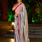 Delicate Grey Saree with Sequin Detailing  & Pink Floral Embroidery & Pink Border with Lace Accent
