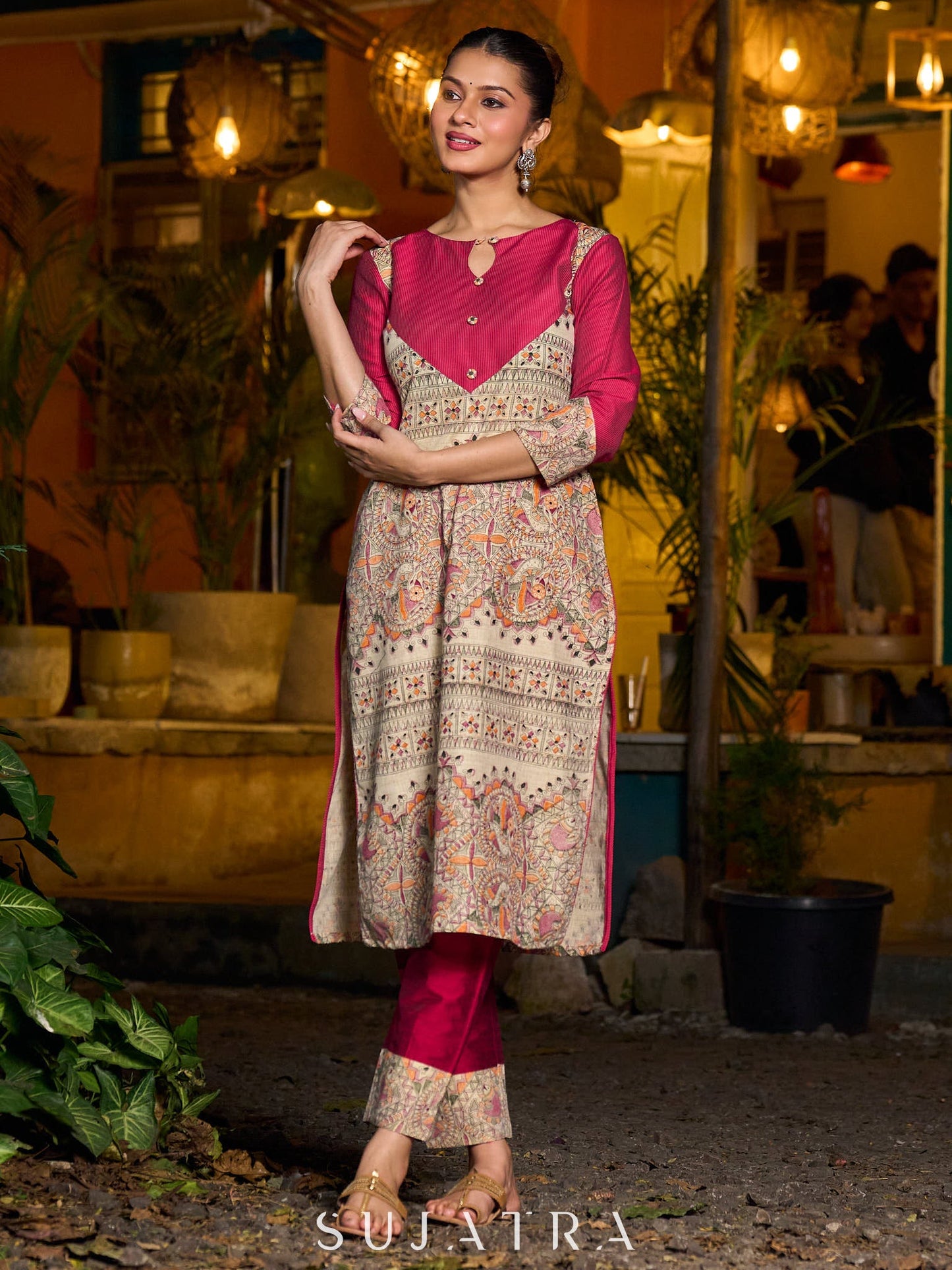 Stunning Madhubani kurta with bold pink stripe detailing