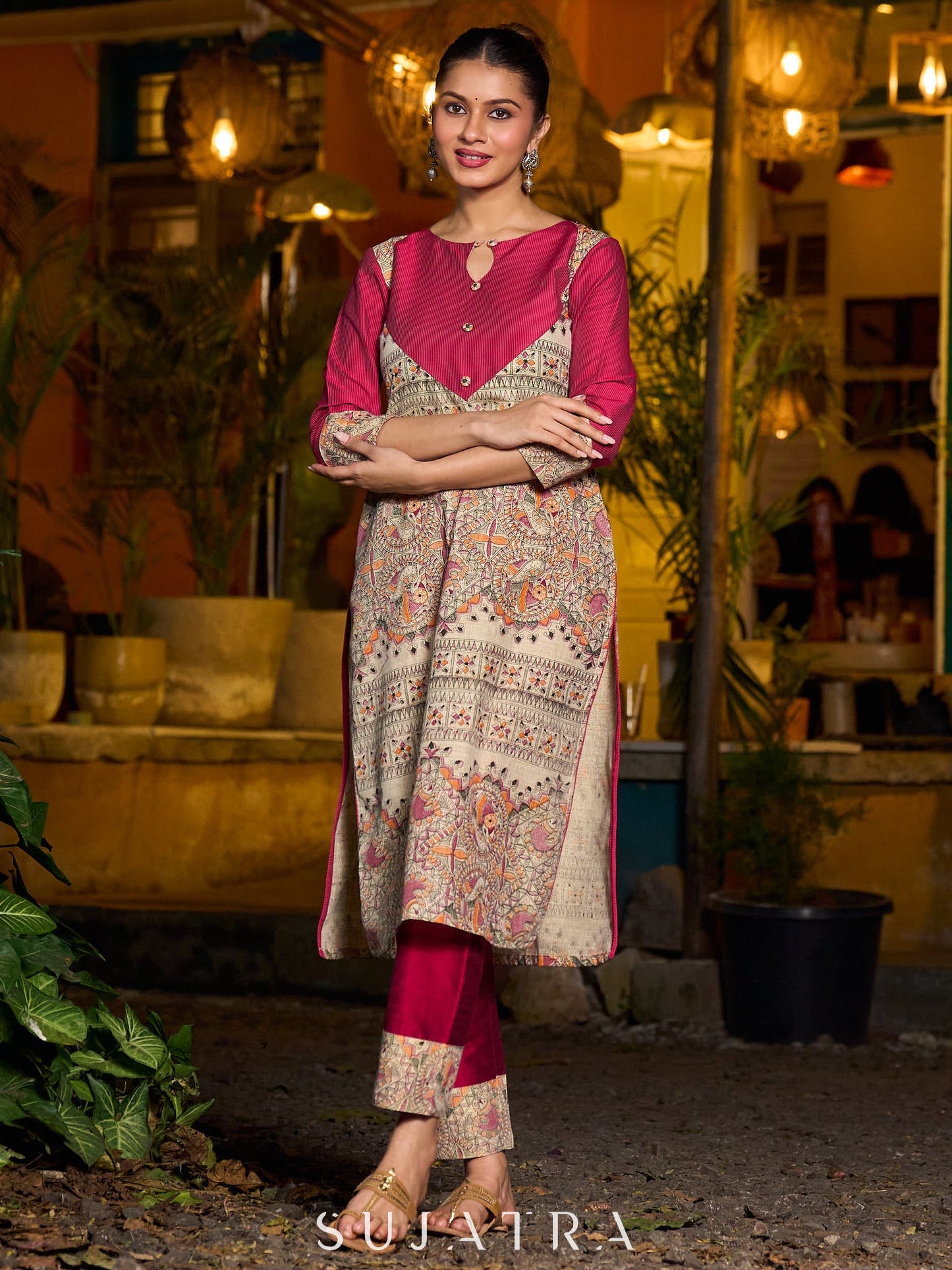 Stunning Madhubani kurta with bold pink stripe detailing