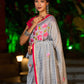 Delicate Grey Saree with Sequin Detailing  & Pink Floral Embroidery & Pink Border with Lace Accent