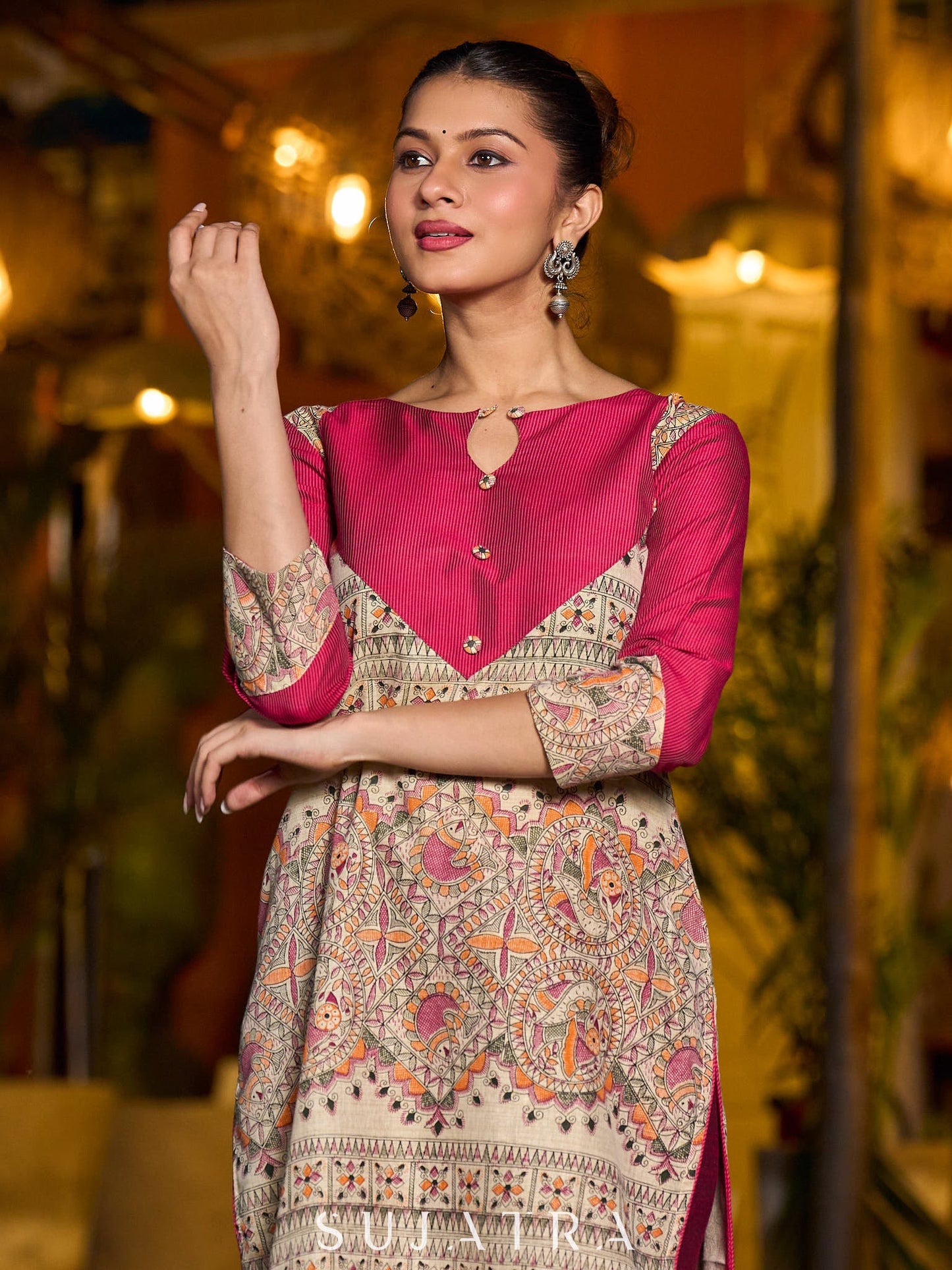 Stunning Madhubani kurta with bold pink stripe detailing