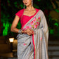Delicate Grey Saree with Sequin Detailing  & Pink Floral Embroidery & Pink Border with Lace Accent