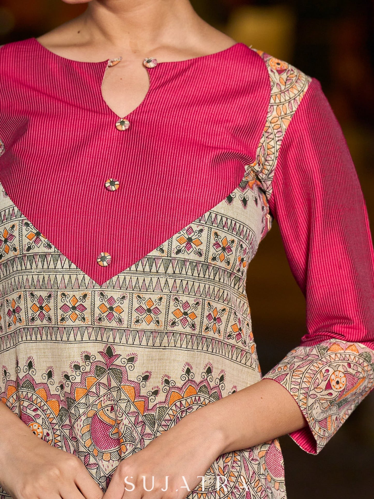 Stunning Madhubani kurta with bold pink stripe detailing