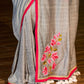 Delicate Grey Saree with Sequin Detailing  & Pink Floral Embroidery & Pink Border with Lace Accent