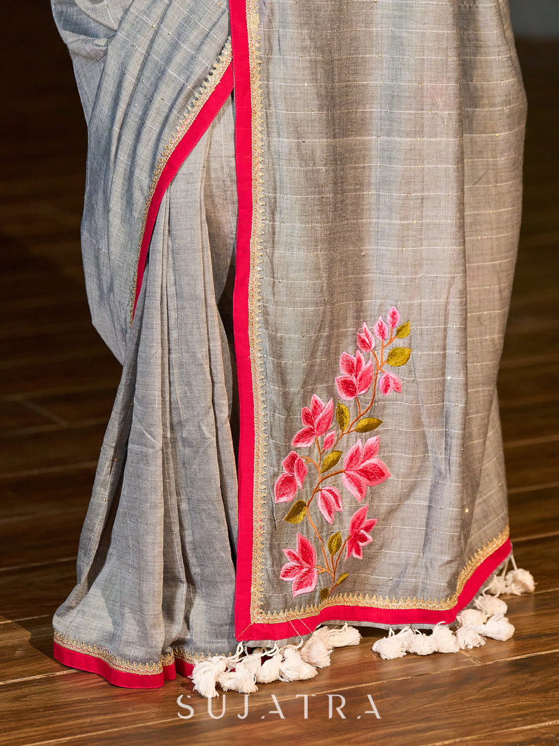 Delicate Grey Saree with Sequin Detailing  & Pink Floral Embroidery & Pink Border with Lace Accent