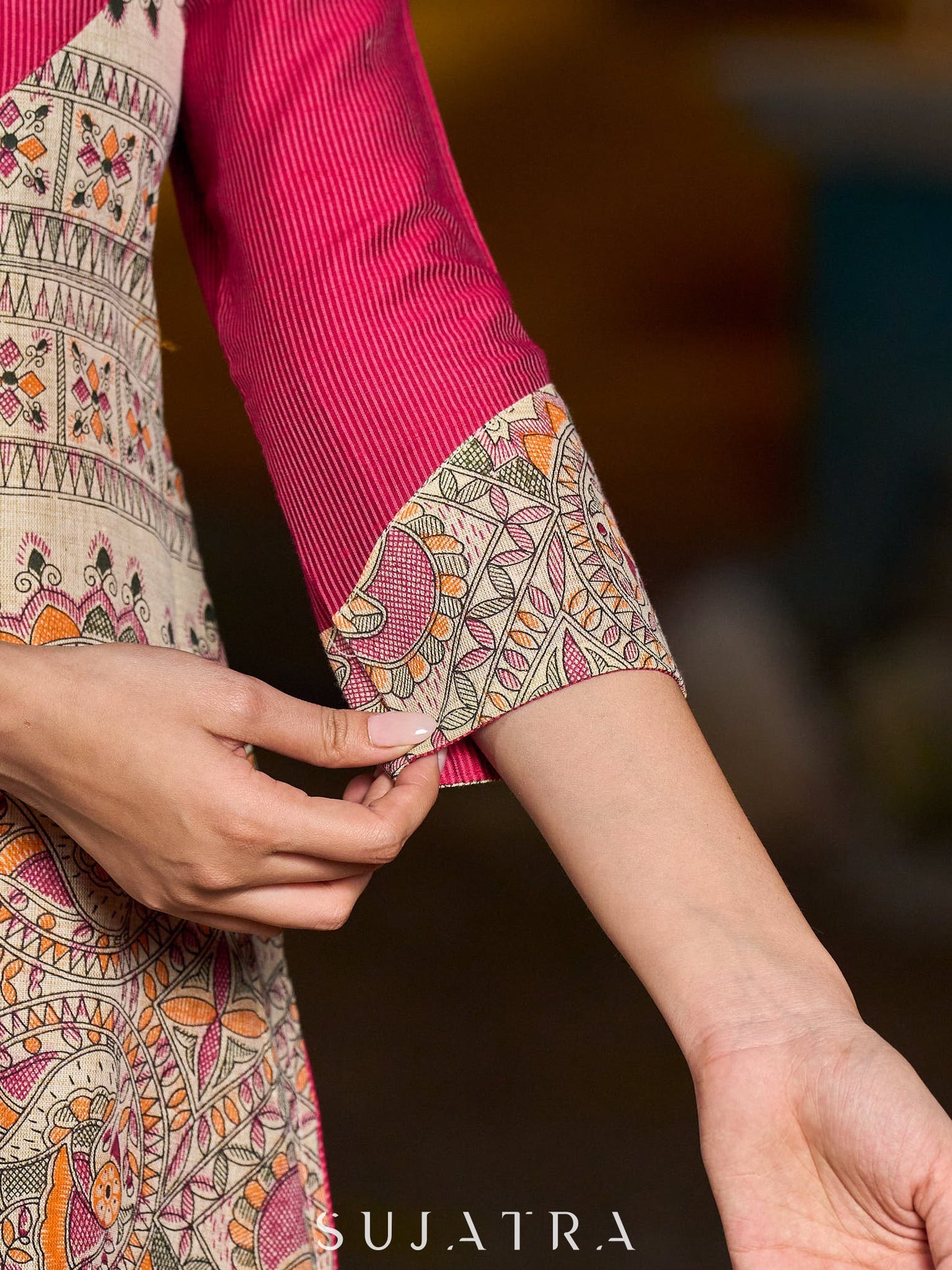 Stunning Madhubani kurta with bold pink stripe detailing
