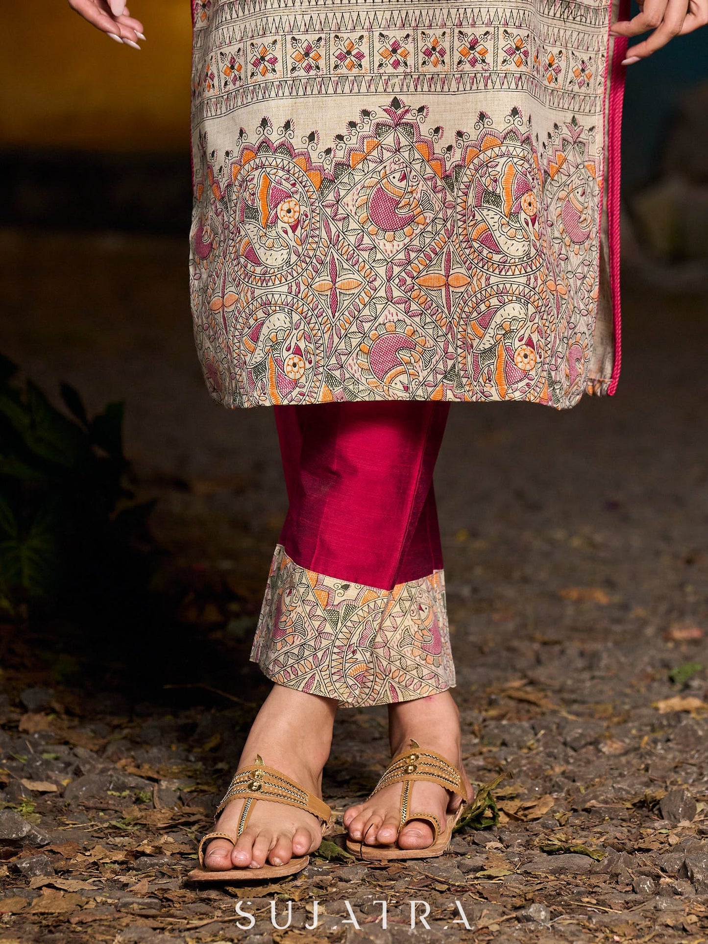 Stunning Madhubani kurta with bold pink stripe detailing