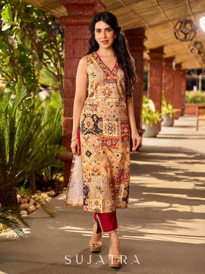 Graceful cream all-over printed kurta adorned with an overlapping maroon zardozi-embroidered neckline and bold maroon detailing.