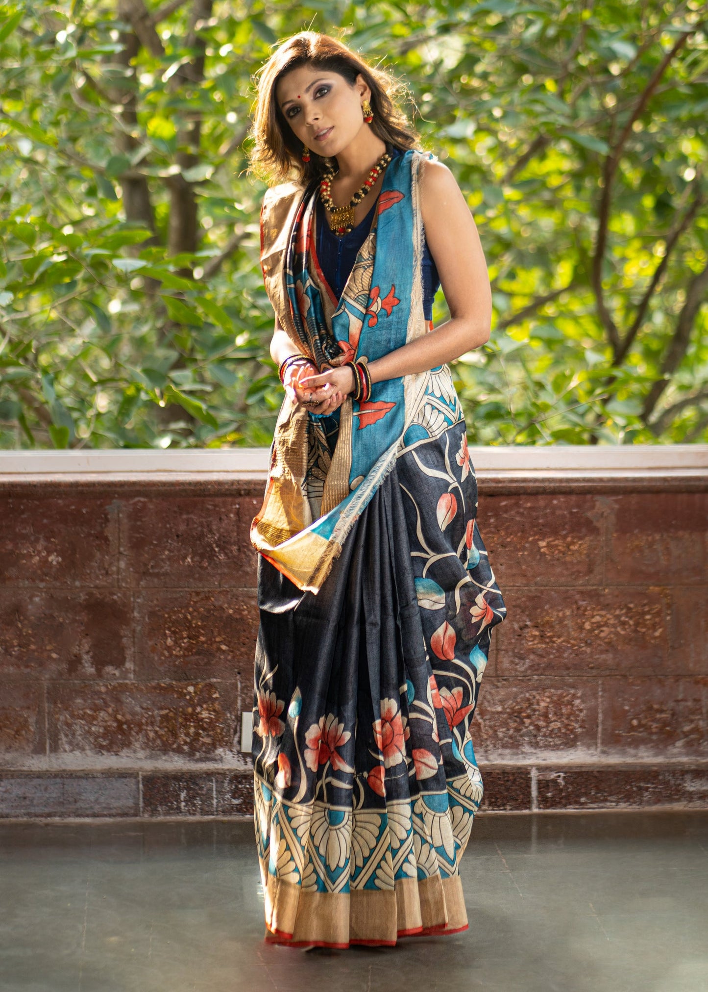 Exclusive Pure tassar silk black & blue combination kalamkari design saree