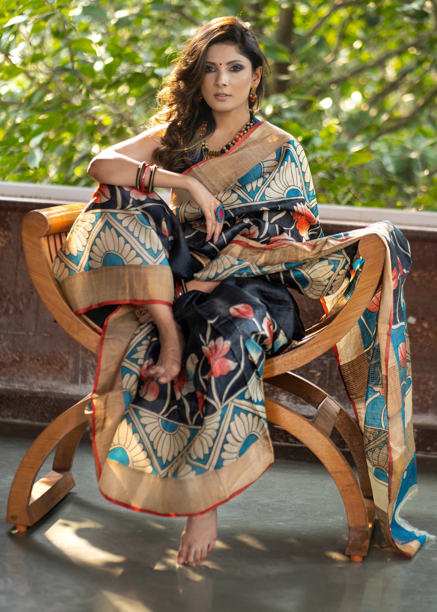 Exclusive Pure tassar silk black & blue combination kalamkari design saree