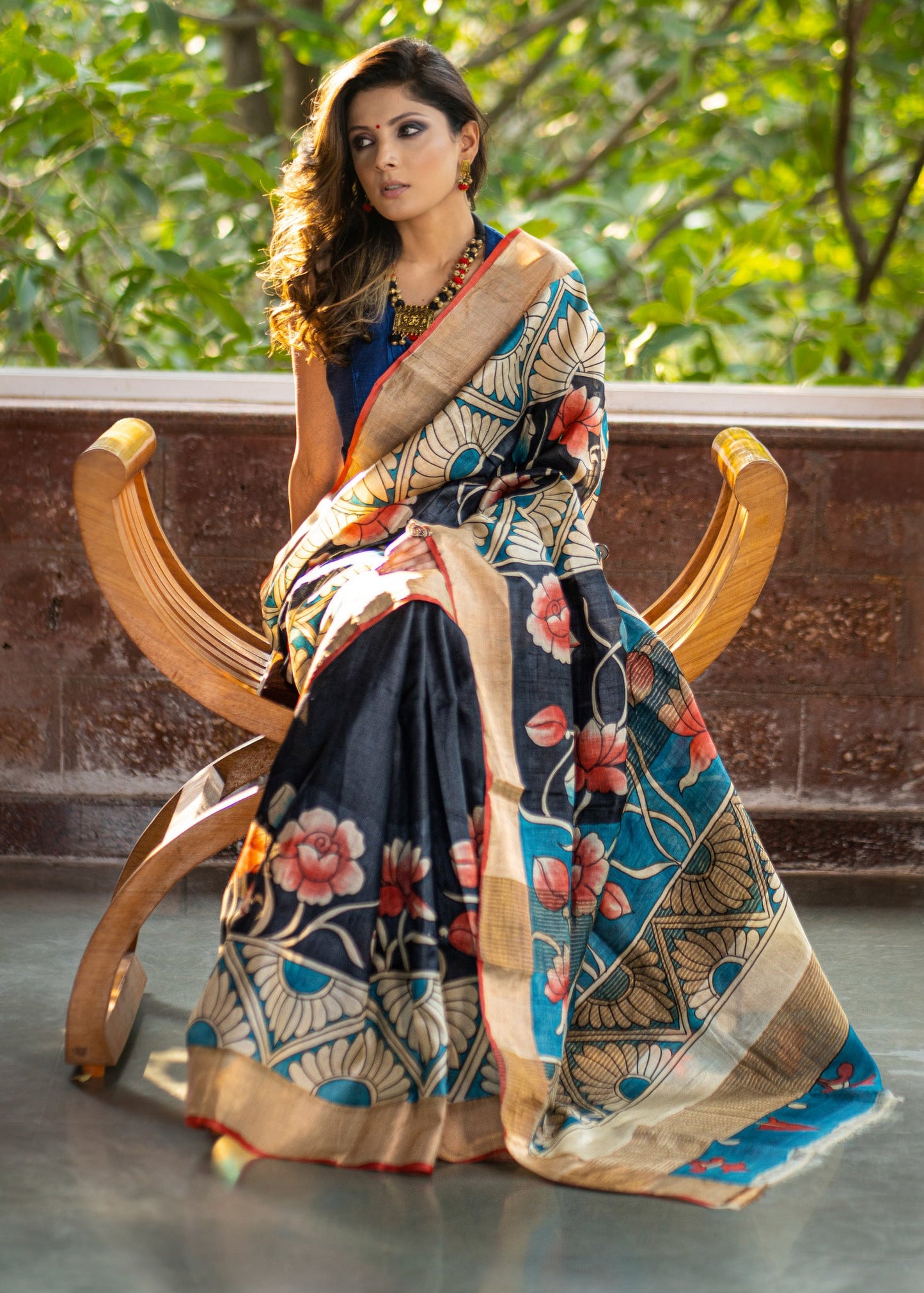 Exclusive Pure tassar silk black & blue combination kalamkari design saree