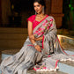 Delicate Grey Saree with Sequin Detailing  & Pink Floral Embroidery & Pink Border with Lace Accent
