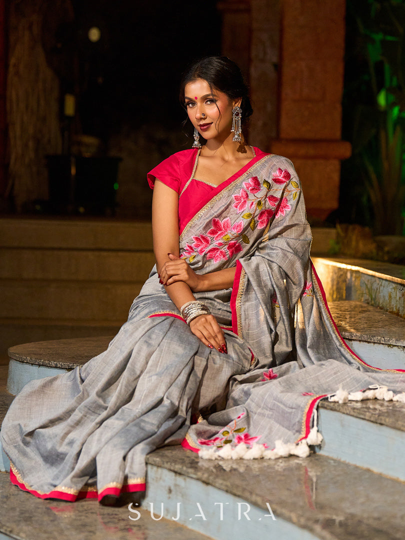 Delicate Grey Saree with Sequin Detailing  & Pink Floral Embroidery & Pink Border with Lace Accent