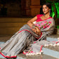 Delicate Grey Saree with Sequin Detailing  & Pink Floral Embroidery & Pink Border with Lace Accent