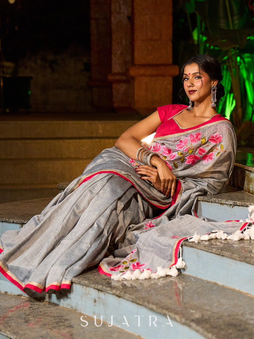 Delicate Grey Saree with Sequin Detailing  & Pink Floral Embroidery & Pink Border with Lace Accent