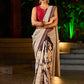 Striking Beige Kalamkari Print Saree with Striped Border & Mythological Motifs and Ajrakh Border Trim