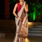 Striking Beige Kalamkari Print Saree with Striped Border & Mythological Motifs and Ajrakh Border Trim