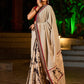 Striking Beige Kalamkari Print Saree with Striped Border & Mythological Motifs and Ajrakh Border Trim