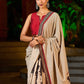 Striking Beige Kalamkari Print Saree with Striped Border & Mythological Motifs and Ajrakh Border Trim