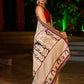 Striking Beige Kalamkari Print Saree with Striped Border & Mythological Motifs and Ajrakh Border Trim