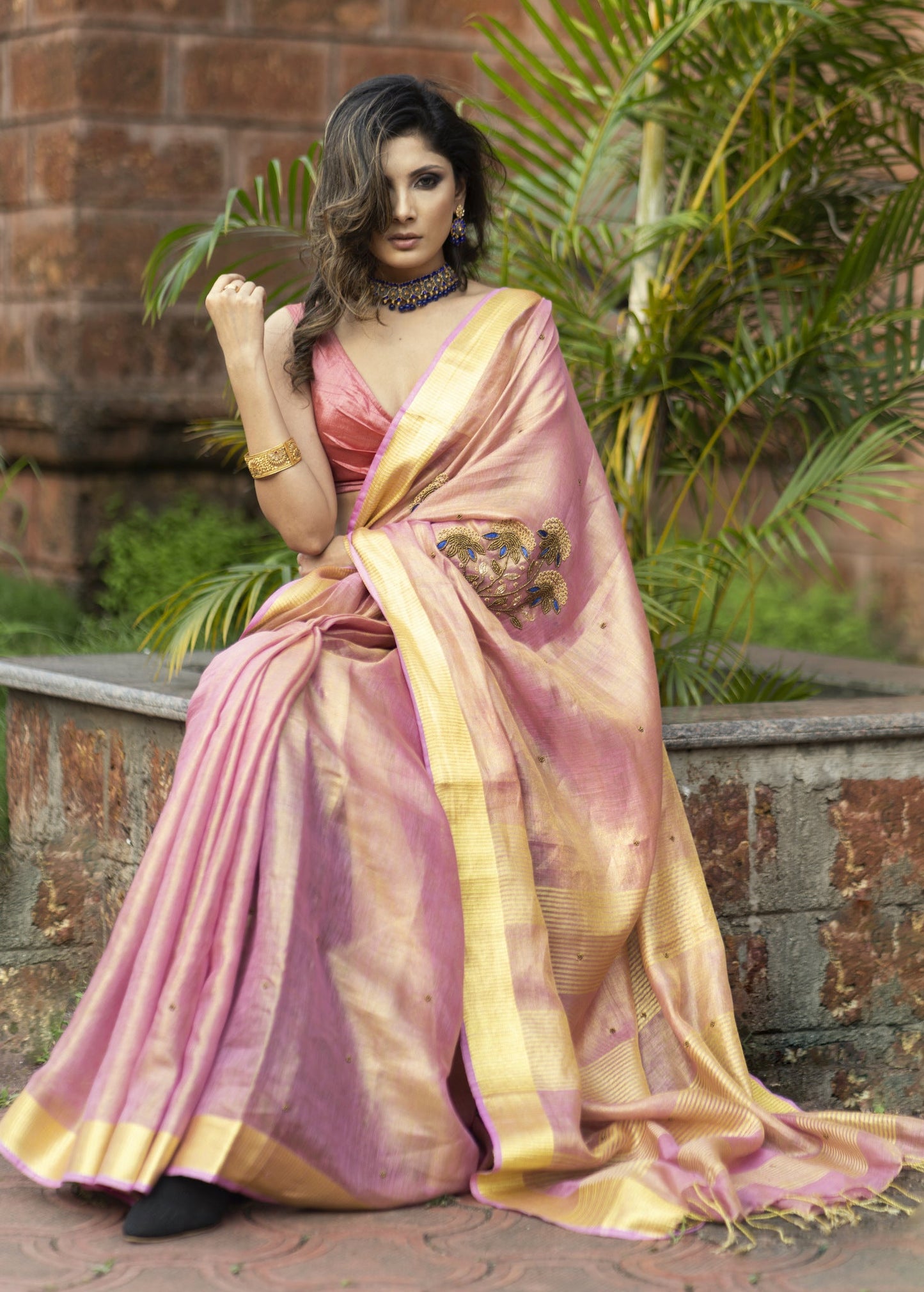 Exclusive pink pure linen saree with hand embroidery