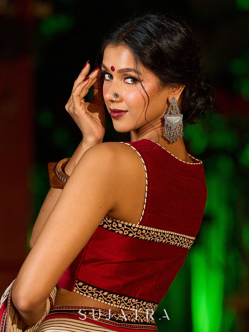Striking Beige Kalamkari Print Saree with Striped Border & Mythological Motifs and Ajrakh Border Trim
