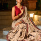 Striking Beige Kalamkari Print Saree with Striped Border & Mythological Motifs and Ajrakh Border Trim