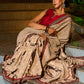 Striking Beige Kalamkari Print Saree with Striped Border & Mythological Motifs and Ajrakh Border Trim
