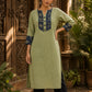 Sage Green Cotton Kurta with Ajrakh Yoke Panel & Matching Cuff Band