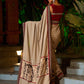 Striking Beige Kalamkari Print Saree with Striped Border & Mythological Motifs and Ajrakh Border Trim