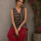 Distinctive Grey and maroon hand block print top featuring bold striped motifs, an asymmetric overlap silhouette, and artisanal detailing, bringing contemporary charm to effortless everyday dressing.