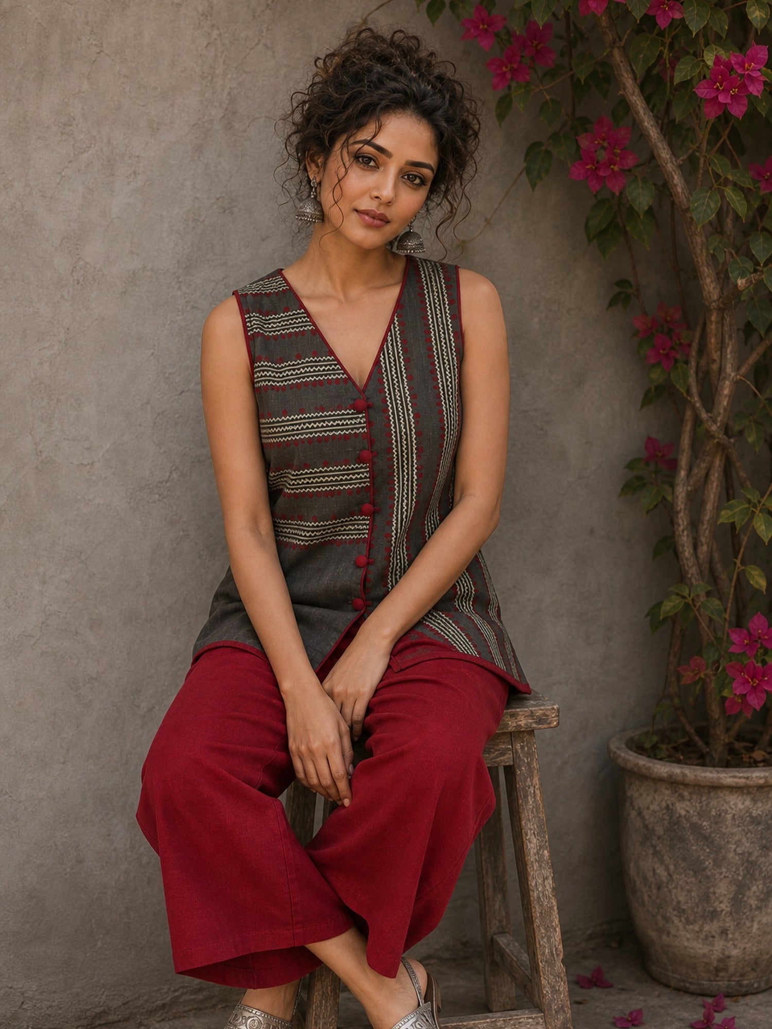 Distinctive Grey and maroon hand block print top featuring bold striped motifs, an asymmetric overlap silhouette, and artisanal detailing, bringing contemporary charm to effortless everyday dressing.