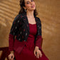 Sharp black and maroon half-and-half Jamdani jacket with functional flap pockets, offering a structured silhouette with bold contrast and refined detailing for elevated corporate styling.