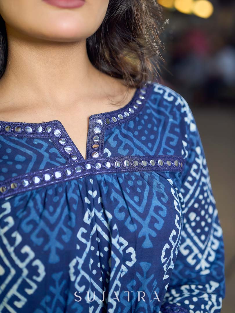Deep Indigo Abstract Kurta Featuring Diamond Prints, Blue Mirror Lace Accents and Soft Front Gathers