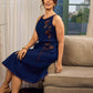 Modern navy dress enhanced by delicate, artistic Kalamkari side-applique work.