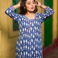 Deep Indigo Kurta with Playful Fish Print, Sculpted Neckline and Magenta Embroidery Accents