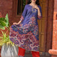 Stunning royal blue printed kurta adorned with handcrafted zardozi and sequin detailing on the keyhole neck.