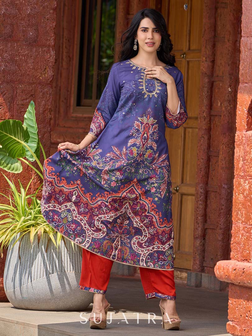 Stunning royal blue printed kurta adorned with handcrafted zardozi and sequin detailing on the keyhole neck.