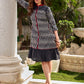 Black grey Ikat dress with soft frill detailing at the neckline, accented with red highlights, and finished with gentle gathers toward the bottom for a fluid silhouette