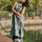 Artisan Indigo Floral Kurta with Black Mirror Work and Pleated Yoke Silhouette
