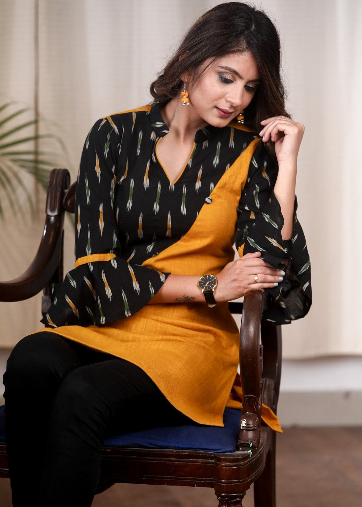 Mustard cotton tunic with Ikat combination