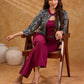 Elegant black motif jacket with fine illustrative prints, a tailored fit, and a contrasting wine neckline, delivering a composed, well-defined look ideal for polished corporate styling.