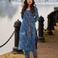 Contemporary Indigo Geometric Side-Cut Kurta with Linear Stripe Detailing and Maroon Triangle Highlights