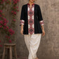 Heritage-inspired black top showcasing handcrafted block print panels, elegant maroon trims, and timeless artistry for versatile modern styling.