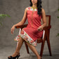 Rust floral vine printed shirt dress with olive accents