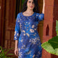 Statement royal blue printed kurta elevated with a sculpted scallop neck panel and shimmering sequins handwork