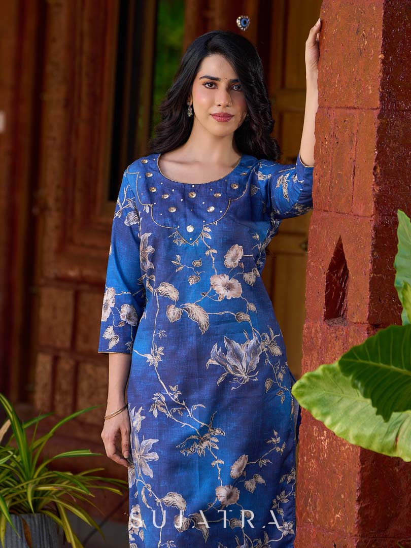 Statement royal blue printed kurta elevated with a sculpted scallop neck panel and shimmering sequins handwork
