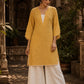 Radiant Mustard All-Over Booti Print Viscose Short Kurta with Pearl Studded Neckline & Hakoba Yoke